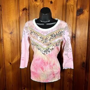 Edista M Y2K Boho Patchwork Top Pink Slim Long Sleeve 2000s